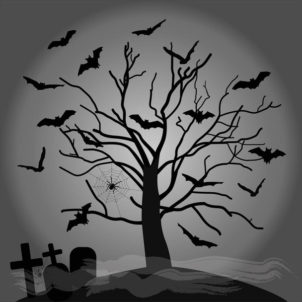 Fekete sziluettje egy kísérteties fa denevérek, sírkövek, pókhálók, pókok és párás köd - Vektor, kép