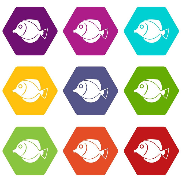 Tang fish, Zebrasoma flavescens icon set color hexahedron - Vector, Image