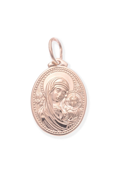 Medalhão de ouro com a Virgem Maria isolada em branco
 - Foto, Imagem