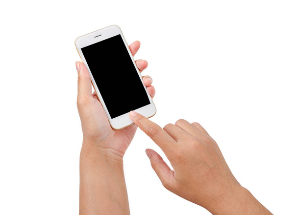closeup hand using phone isolated on white. - Fotó, kép