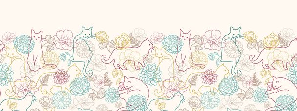 Cats among flowers horizontal seamless pattern background border - Vector, Image