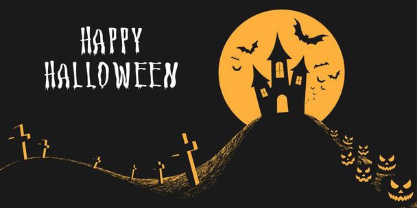 Halloween night background with castle, full moon, scary pumpkin - Vector, Image