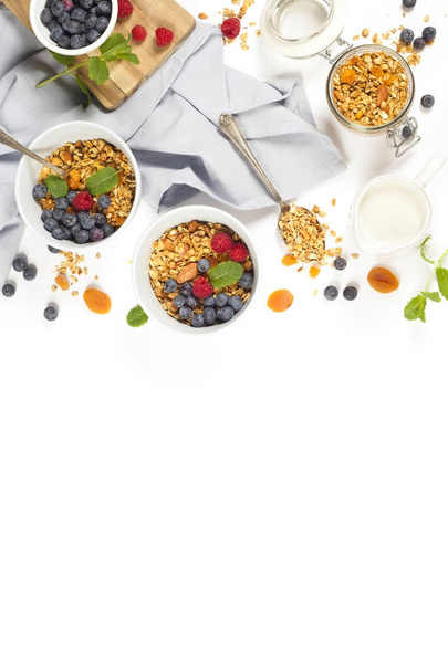 Healthy breakfast -  Homemade granola, honey, milk and berries - Fotografie, Obrázek