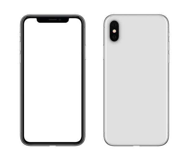 Nowy nowoczesny biały smartphone makieta podobne do iPhone X przód i tył strony izolowane na białym tle - Zdjęcie, obraz