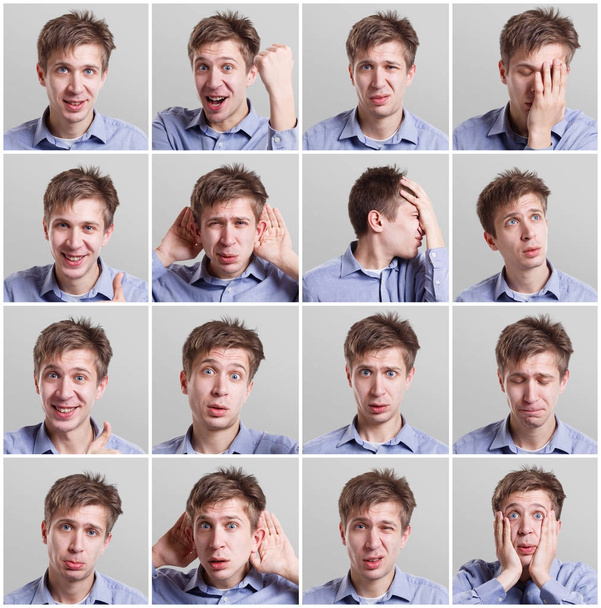 Conjunto de jovens retratos de homens com emoções diferentes
 - Foto, Imagem