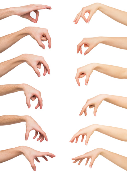 Valkoisten miesten ja naisten kädet. Käsi poimii jotain
 - Valokuva, kuva