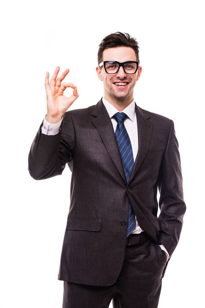 Szczęśliwy biznesmen człowiek znak porządku portret na białym tle - Zdjęcie, obraz