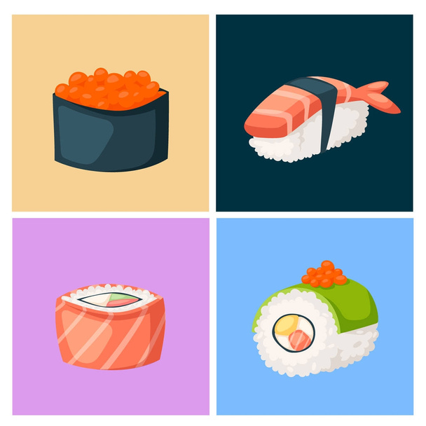 Sushi japanese cuisine traditional food flat healthy gourmet icons asia meal culture roll vector illustration. - Vector, Image