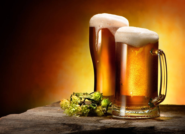 Two glasses of beer and hops - Photo, Image