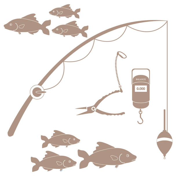 Conjunto de ícones estilizados de diferentes ferramentas para pesca e bandos de f
 - Vetor, Imagem