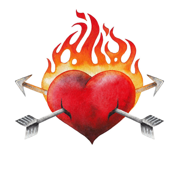 Acquerello cuore fiammeggiante trafitto da due frecce
 - Foto, immagini