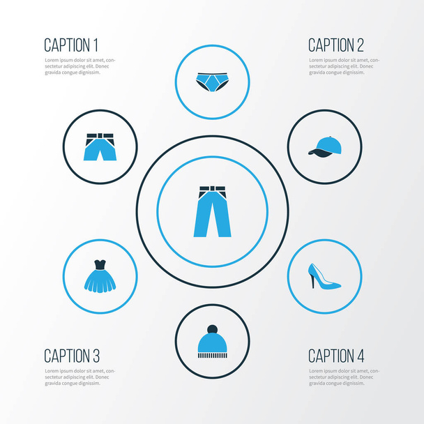 Jurk kleurrijke Icons Set. Collectie van broeken, Shorts, slipje en andere elementen. Ook symbolen zoals broek, Ski, hakken. - Vector, afbeelding