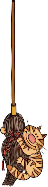 Little cat clinging to the broom - Vector, Image