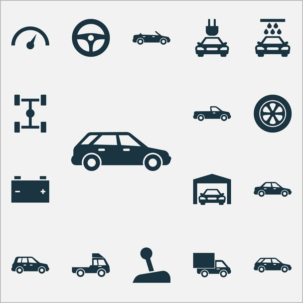 Icone dell'automobile impostate. Raccolta di spina, carrello, camion e altri elementi. Include anche simboli come leva, crossover, sterzo
. - Vettoriali, immagini