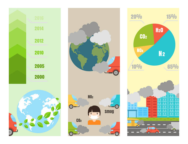 Placas de infográficos ecológicos com gráficos de poluição do ar e do solo ilustração vetorial
. - Vetor, Imagem