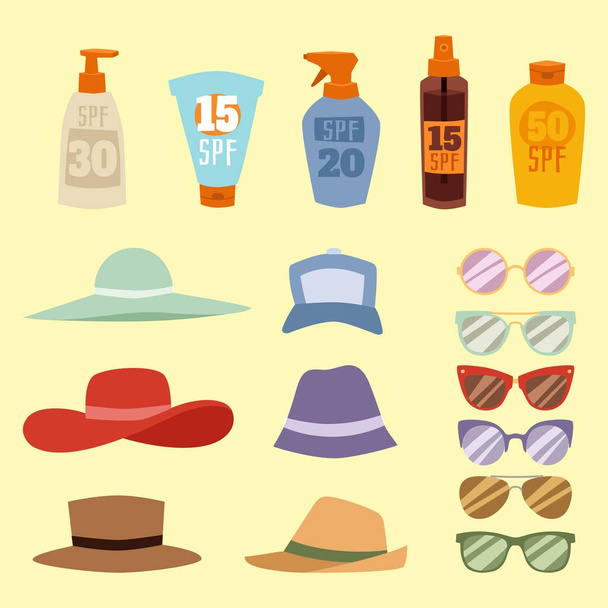 Plaj aksesuarları yaz şapka koleksiyonu vektör moda plaj seyahat güzel kafa koruma kapağı ve kozmetik. - Vektör, Görsel
