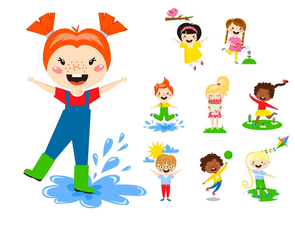 Crianças brincam desfrutar de chegada primavera quente verão pequenos personagens feliz jogando ilustração vetorial
. - Vetor, Imagem
