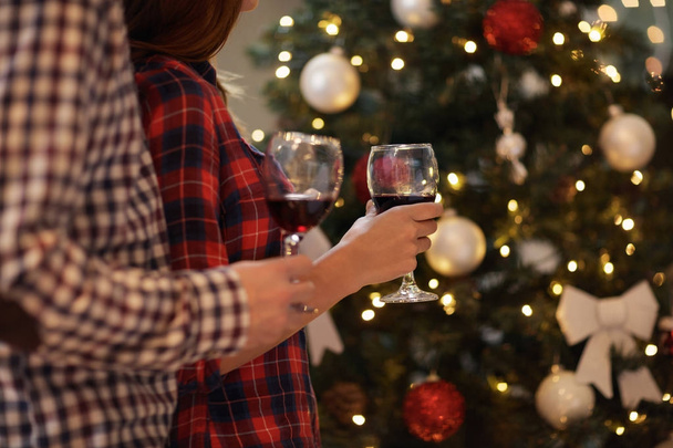 Christmas celebration with glasses of red wine, concept - 写真・画像