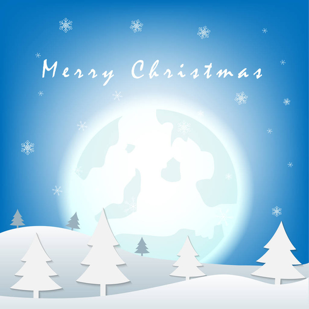 Χριστουγεννιάτικο φόντο με νιφάδα χιονιού και λόφο με μεγάλο φεγγάρι σε τόνους του μπλε, του φορέα - Διάνυσμα, εικόνα