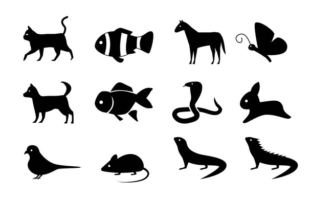 Set of animal icons in silhouette style, vector - Вектор,изображение
