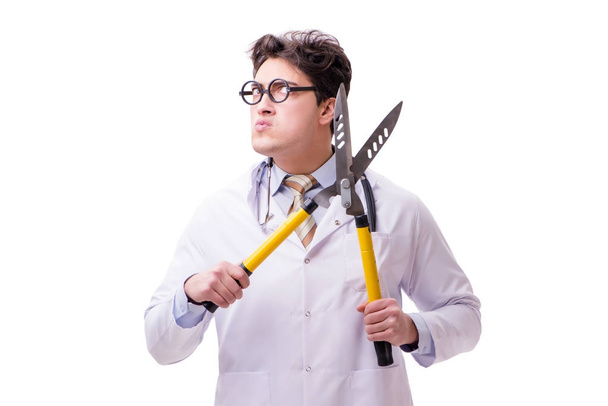 Funny doctor with shears isolated on white - Photo, Image