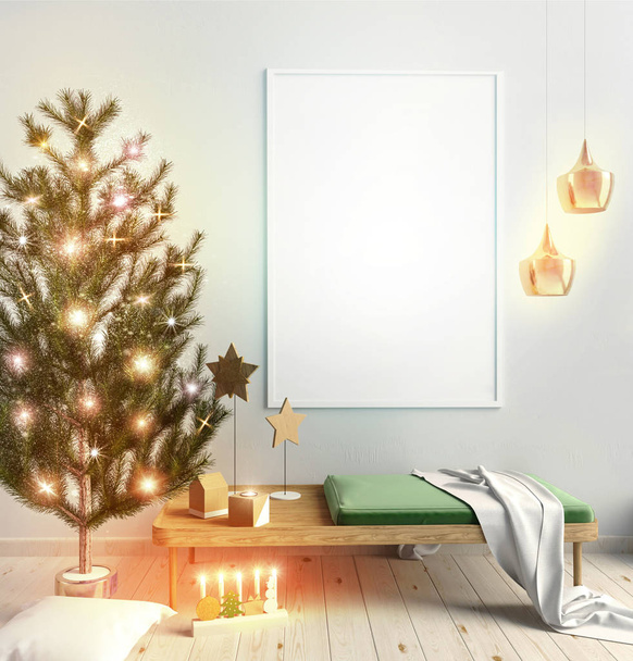 Современный рождественский интерьер скандинавского стиля с сияющей крышкой
 - Фото, изображение