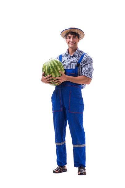 Young farmer with watermelon isolated on white - Fotoğraf, Görsel