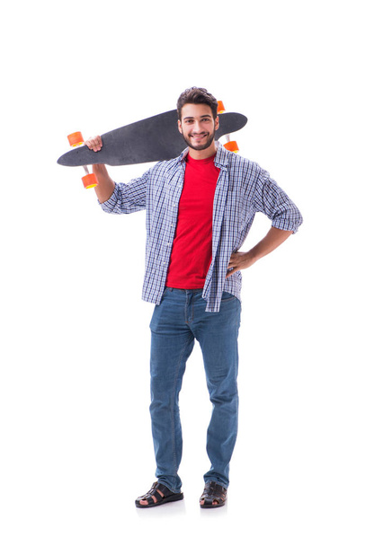 Молодий скейтбордист з довгим скейтбордом ізольований на білому
 - Фото, зображення