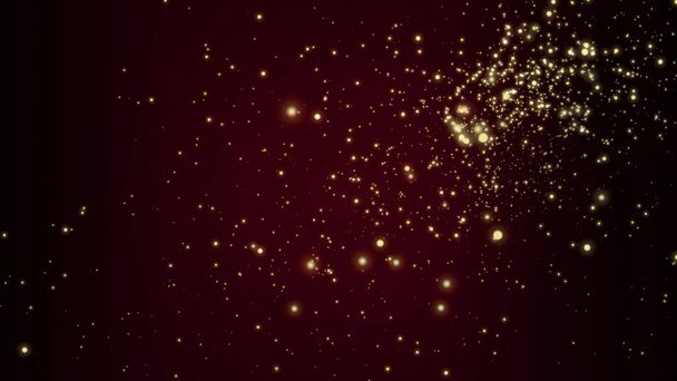 abstraktes Gold glühende Teilchen Kugeln zufällige Bewegung in der rechten oberen Ecke des dunkelroten Hintergrund als Weihnachtsferien Konzept - Foto, Bild