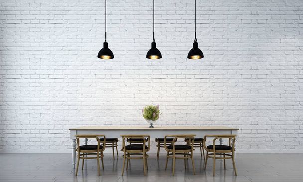 El diseño interior de comedor minimalista y fondo de pared de ladrillo blanco
 - Foto, imagen