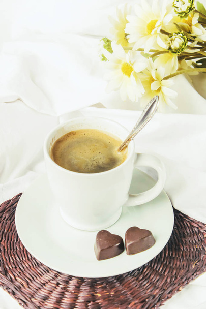 Coffee in bed. Selective focus. - Photo, Image