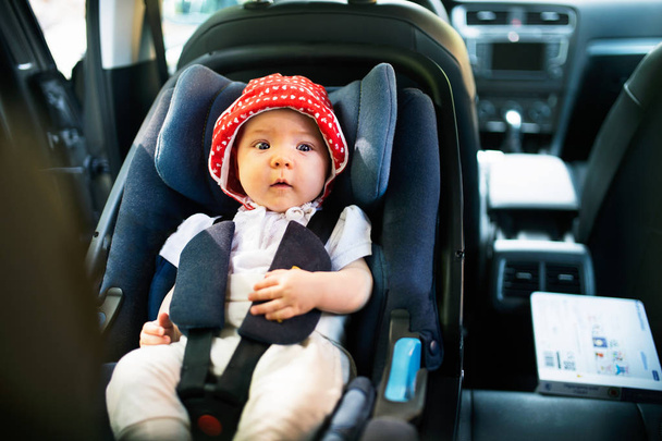 Little baby fastened with security belt in safety car seat. - Fotografie, Obrázek