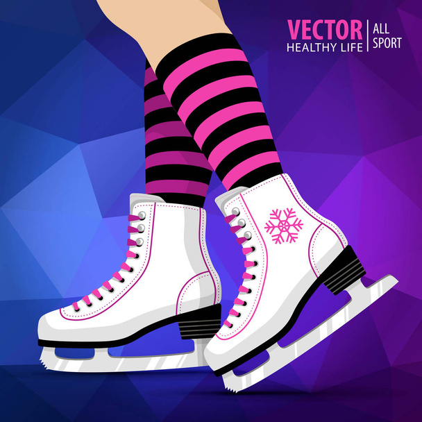 Pair of white Ice skates. Figure skating. Womens ice skates. Winter sports. Vector illustration background. Banner. - Vector, Image