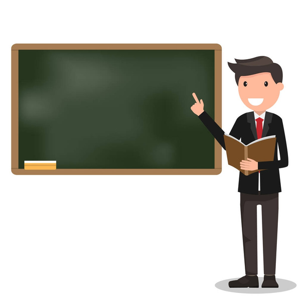 Nuori mies opettaja kirjan oppitunti blackboard luokkahuoneessa
 - Vektori, kuva
