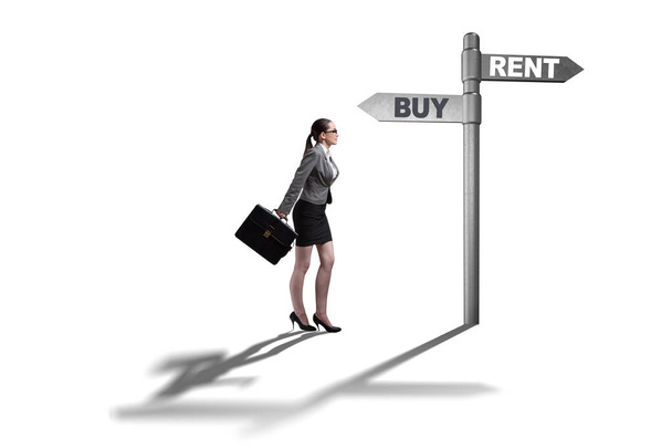 Businesswoman facing dilemma of buying versus renting on white - Photo, Image