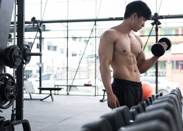 man lift dumbbell in gym. bodybuilder male working out in fitnes - 写真・画像