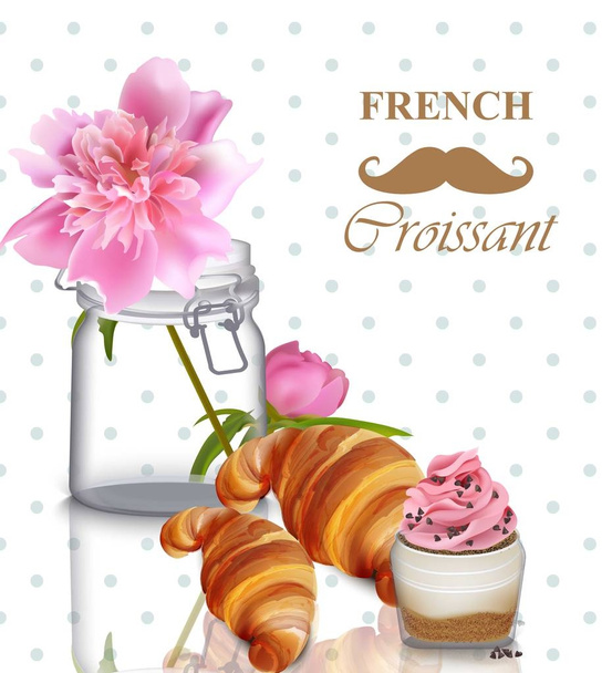 French breakfast card. Pink peony flower, croissant and yogurt parfait Vector - Vektor, kép