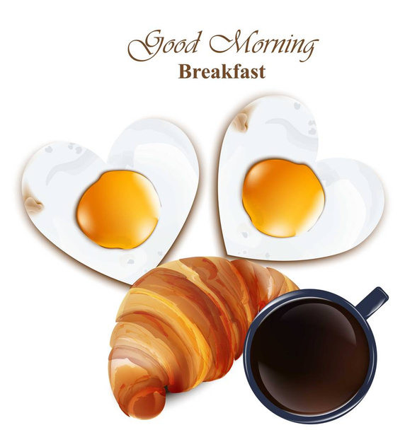 Breakfast illustration Cofee cup, croissant and eggs. Vector realistic background for menu, print, front page, decors - Vecteur, image