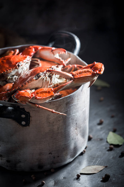 Preparation for tasty crab in a old metal pot - Foto, Bild