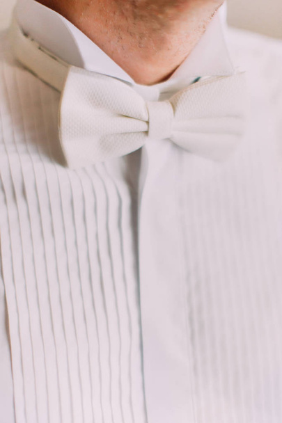 Close-up view of the elegant white bow-tie. - Fotoğraf, Görsel