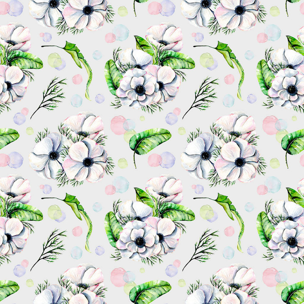 Seamless pattern with watercolor white anemones and green tropic leaves - Φωτογραφία, εικόνα