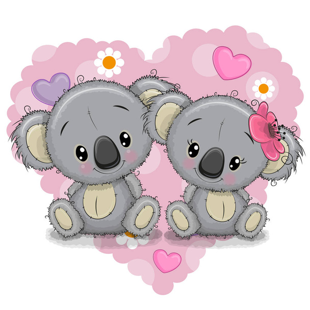 Two Cartoon Koalas on a background of heart - Vetor, Imagem