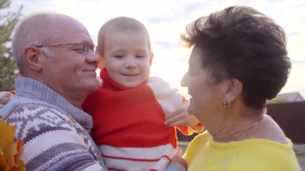 Malý chlapec se babička a děda při západu slunce - Záběry, video