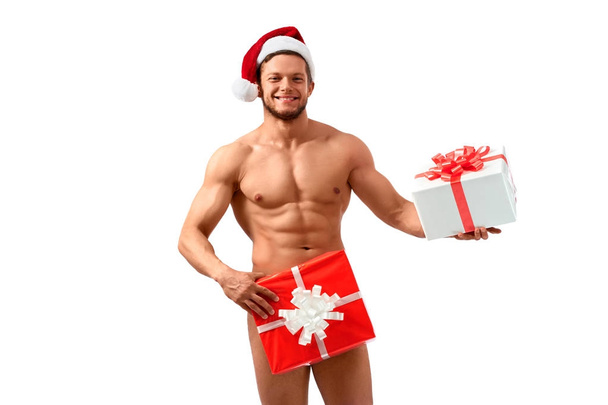 Naked Santa posing with presents - Zdjęcie, obraz