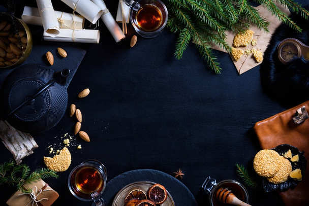 Happy new year or christmas background, food on table flat lay. - Photo, image