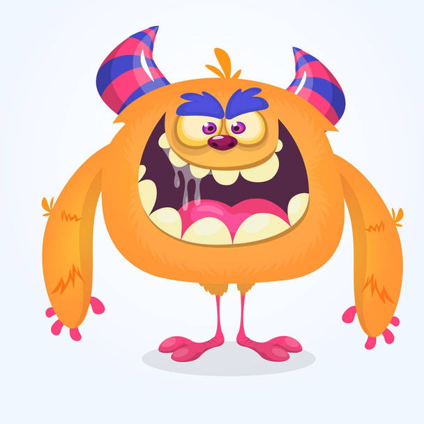 Angry cartoon furry horned monster. Halloween vector red monster  - Vector, Image