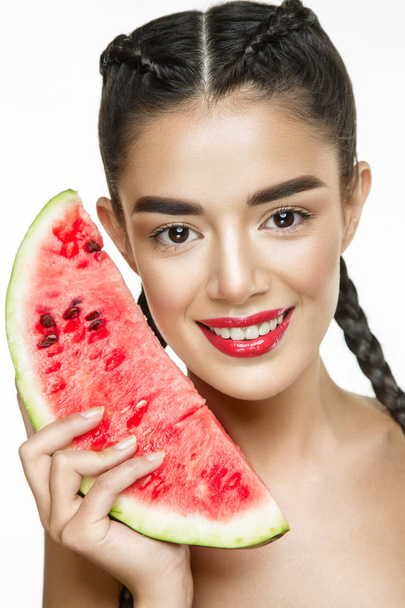 Beautiful woman with watermelon - Фото, зображення
