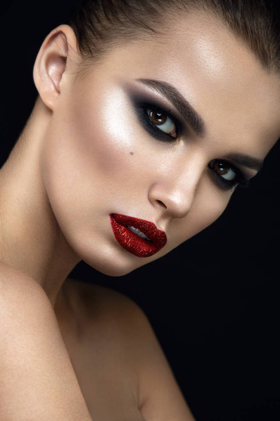 Woman with red shiny lips - Фото, изображение