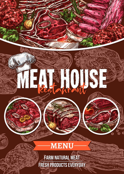 Meat menu sketch banner for barbecue restaurant - Vector, Image
