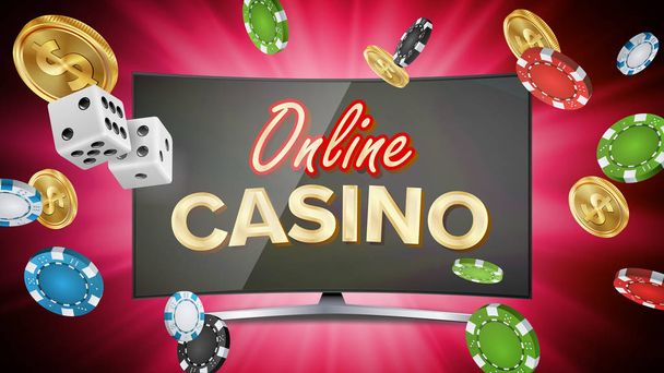 Online Casino vektör. Bilgisayar monitörü ile banner. Online Poker kumar casino Banner işareti. Parlak cips, Doları para, banknot. İllüstrasyon - Vektör, Görsel